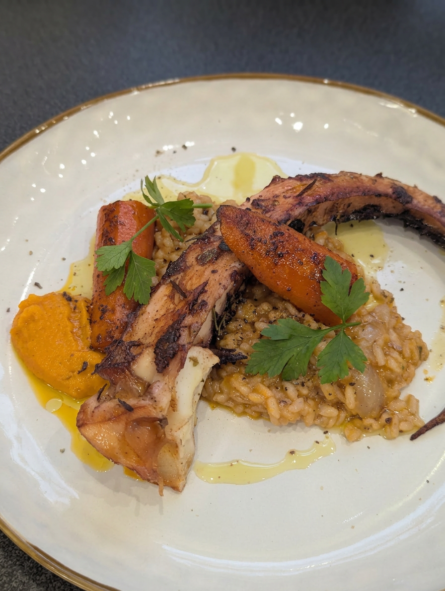 Tentacule de poulpe à la méditerranéenne accompgné d'un risotto au safran et carotte roties
