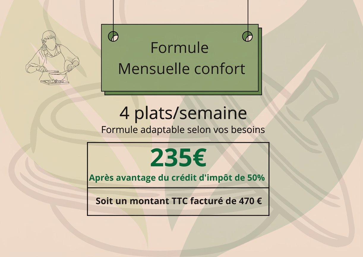 Formule Mensuelle confort 4 plats/semaine Formule adaptable selon vos besoins 235€ Après avantage du crédit d'impôt de 50% Soit un montant TTC facturé de 470 €